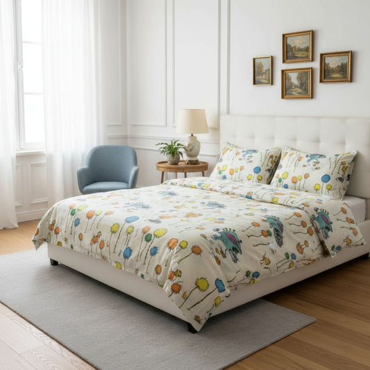 Bedroom with a bed featuring a colorful comforter and pillows, surrounded by framed pictures on the wall, featuring ZM Textiles Belgium printed duvet cover set.