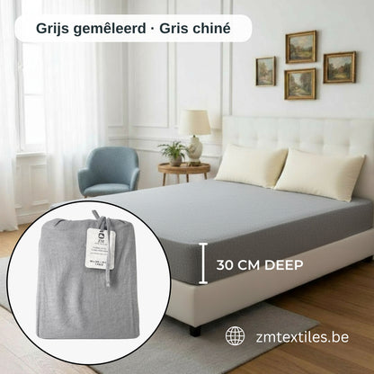 Bett mit Matratzenbezug und Nahaufnahme des Produkts mit Etikett und Maßangaben vor Schlafzimmerhintergrund, mit den Flanell-Spannbettlaken von ZM Textiles Belgium.
