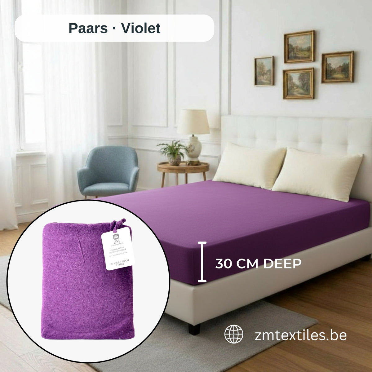 Lila Matratzenbezug auf einem Bett mit Nahaufnahme des Produkts und Markenlogos, mit den Flanell-Spannbettlaken von ZM Textiles Belgium.