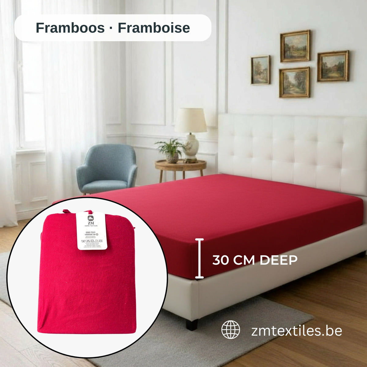 Roter Matratzenbezug auf einem Bett mit Nahaufnahme des Produkts, mit den Flanell-Spannbettlaken von ZM Textiles Belgium.