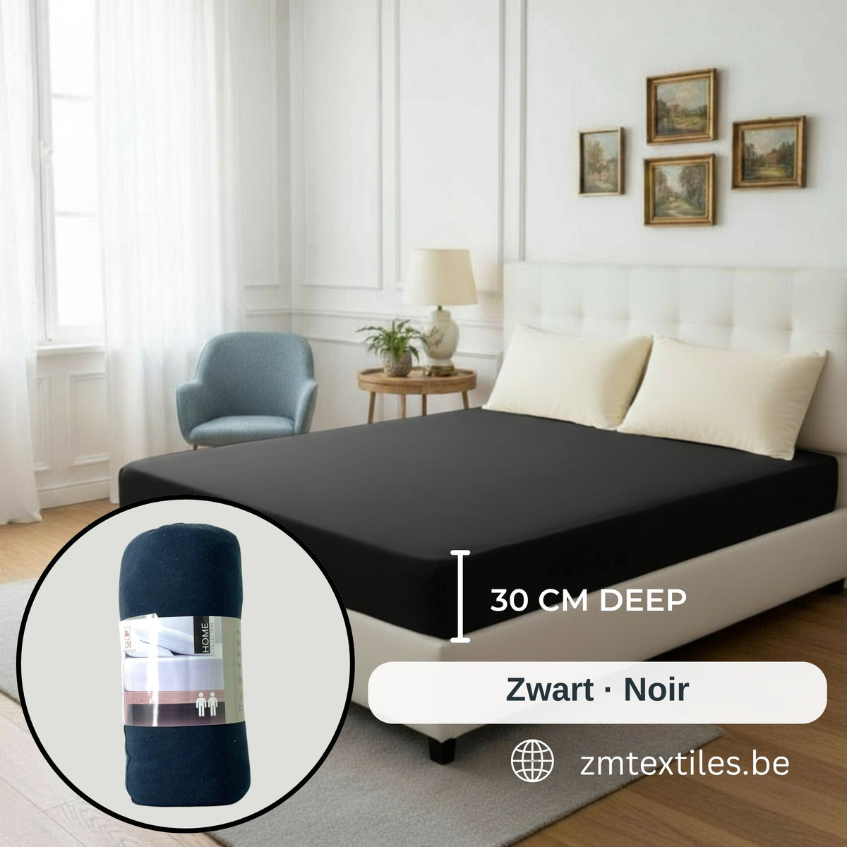 Black jersey cotton fitted sheet (Zwart / Noir), ZM Textiles Belgium