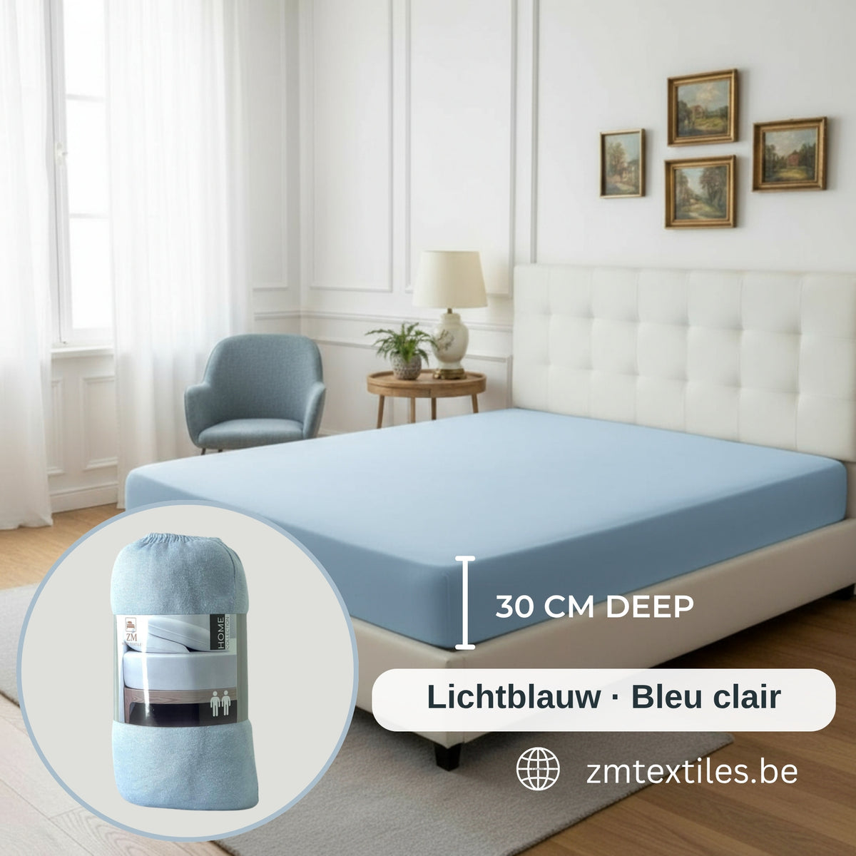Light Blue jersey cotton fitted sheet (Lichtblauw / Bleu clair), ZM Textiles Belgium