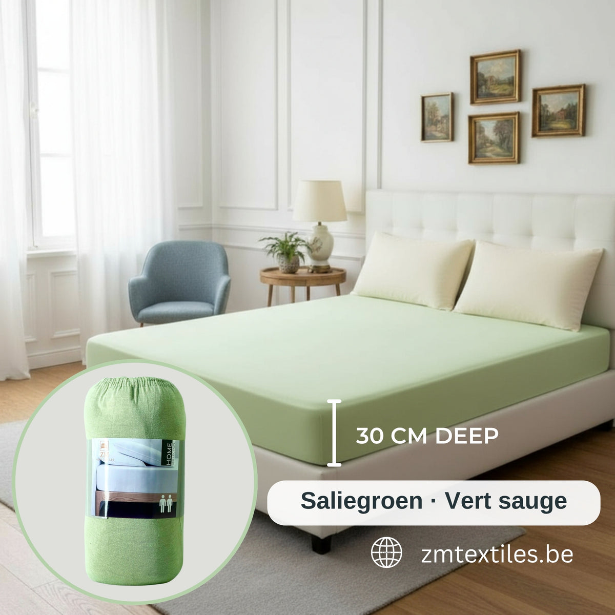 Sage Green jersey cotton fitted sheet (Saliegroen / Vert sauge), ZM Textiles Belgium