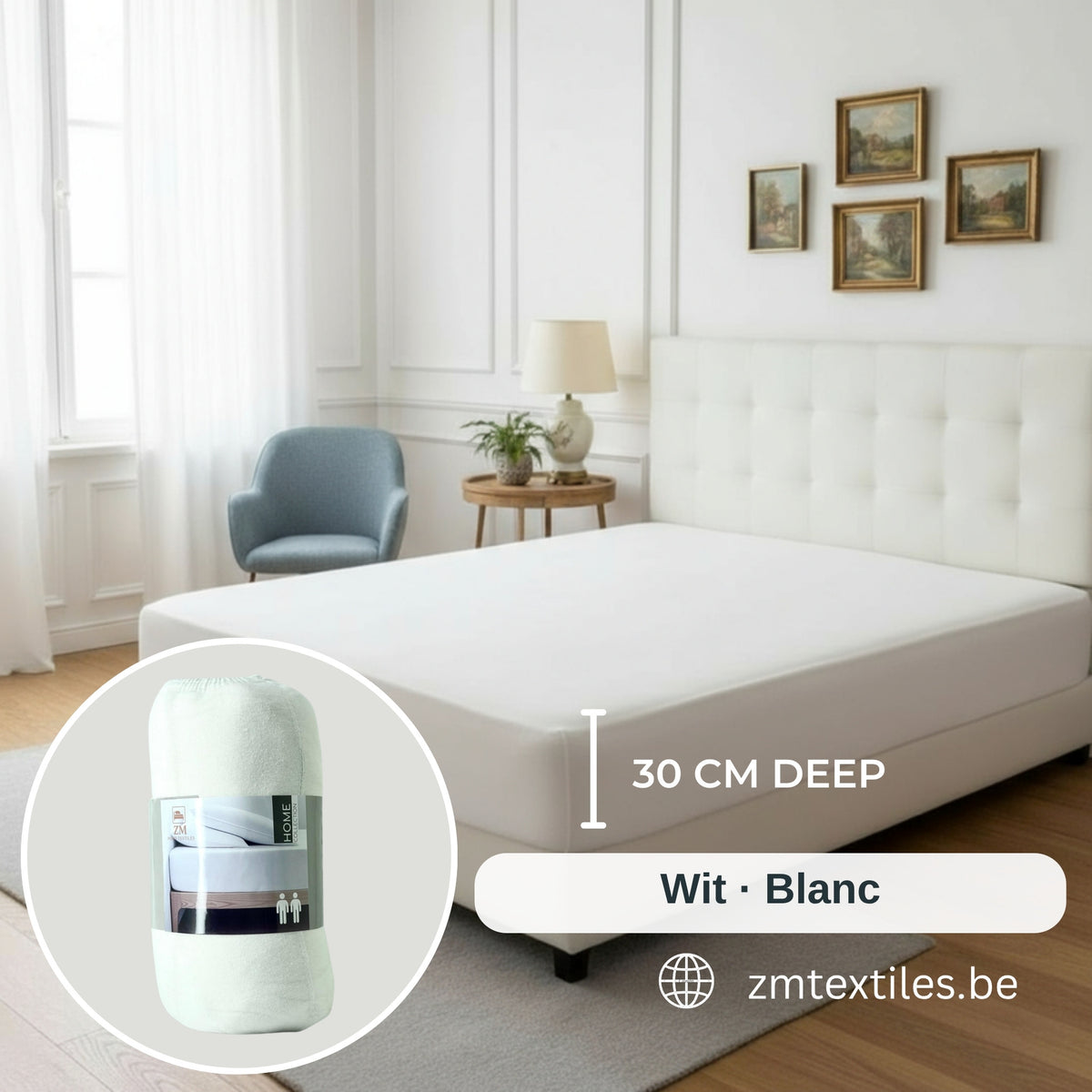 White jersey cotton fitted sheet (Wit / Blanc), ZM Textiles Belgium