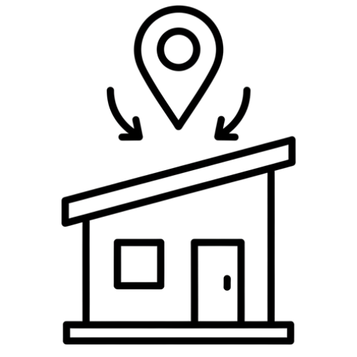 Icon of a house with a location pin above it on a white background for zm textiles belgium location.