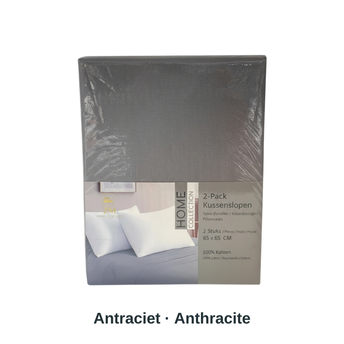Anthracite cotton pillowcase 2-pack (Antraciet / Anthracite) on a white background, ZM Textiles Belgium dyed pillowcase set.