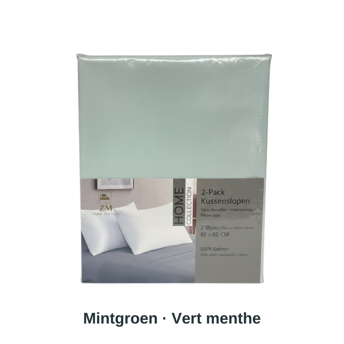 Salbeigrüner Kissenbezug auf weißem Hintergrund, mit dem uni Kissenbezug-Set von ZM Textiles Belgium.