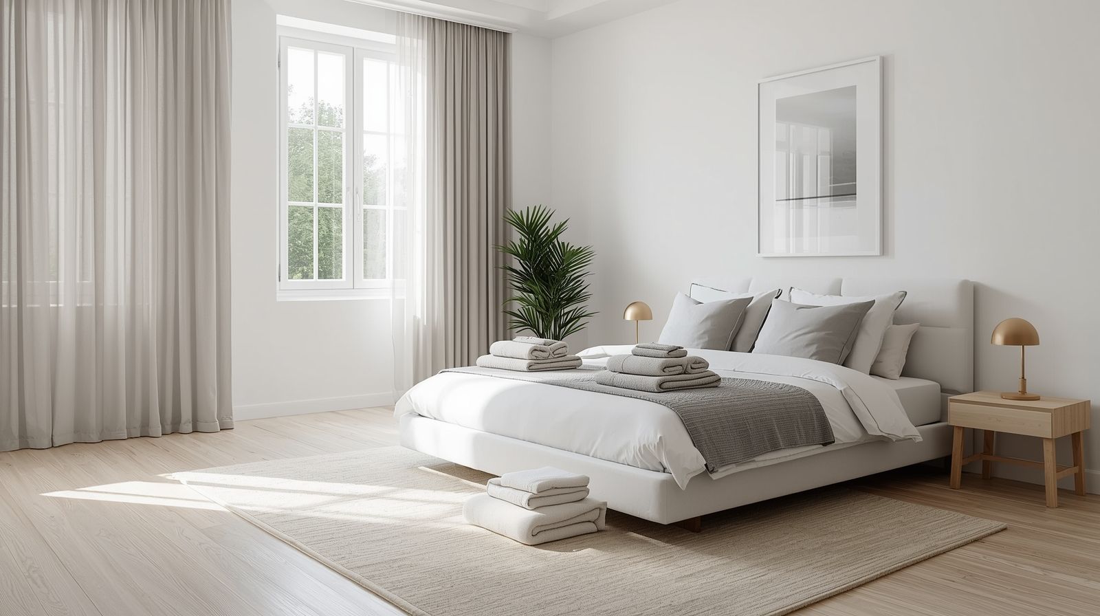 Main hero banner of ZM Textiles showing Modern bedroom with a neatly made bed, side tables, and a plant, featuring ZM Textiles Belgium.