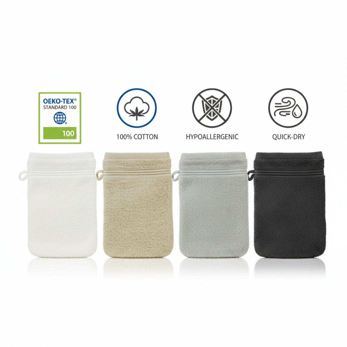 Four wash gloves pouches in white, beige, gray, and black with certification icons on a white background, featuring ZM Textiles Belgium wash gloves.
